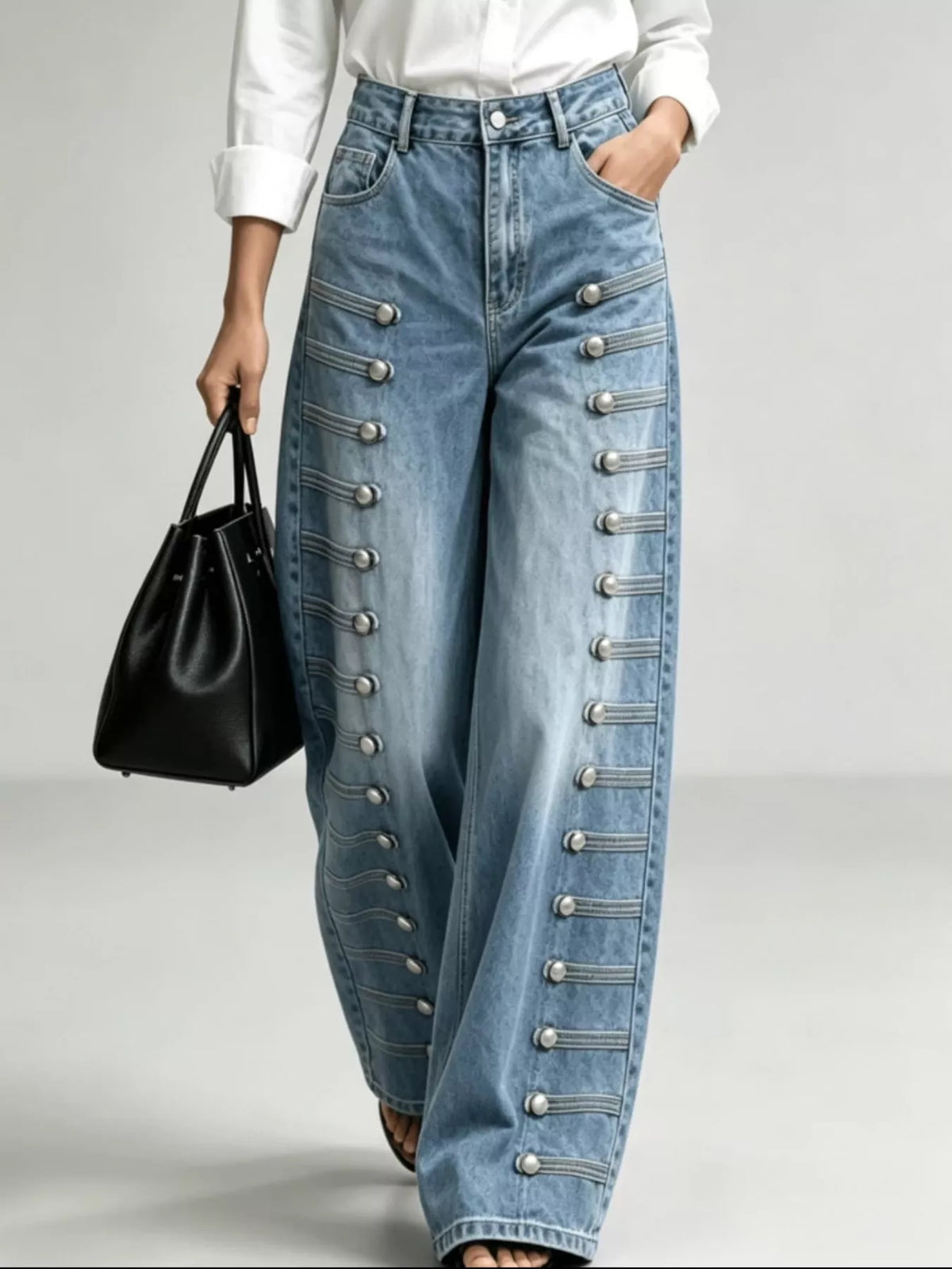 Decorative Button Wide-Leg Jeans in light blue, front view