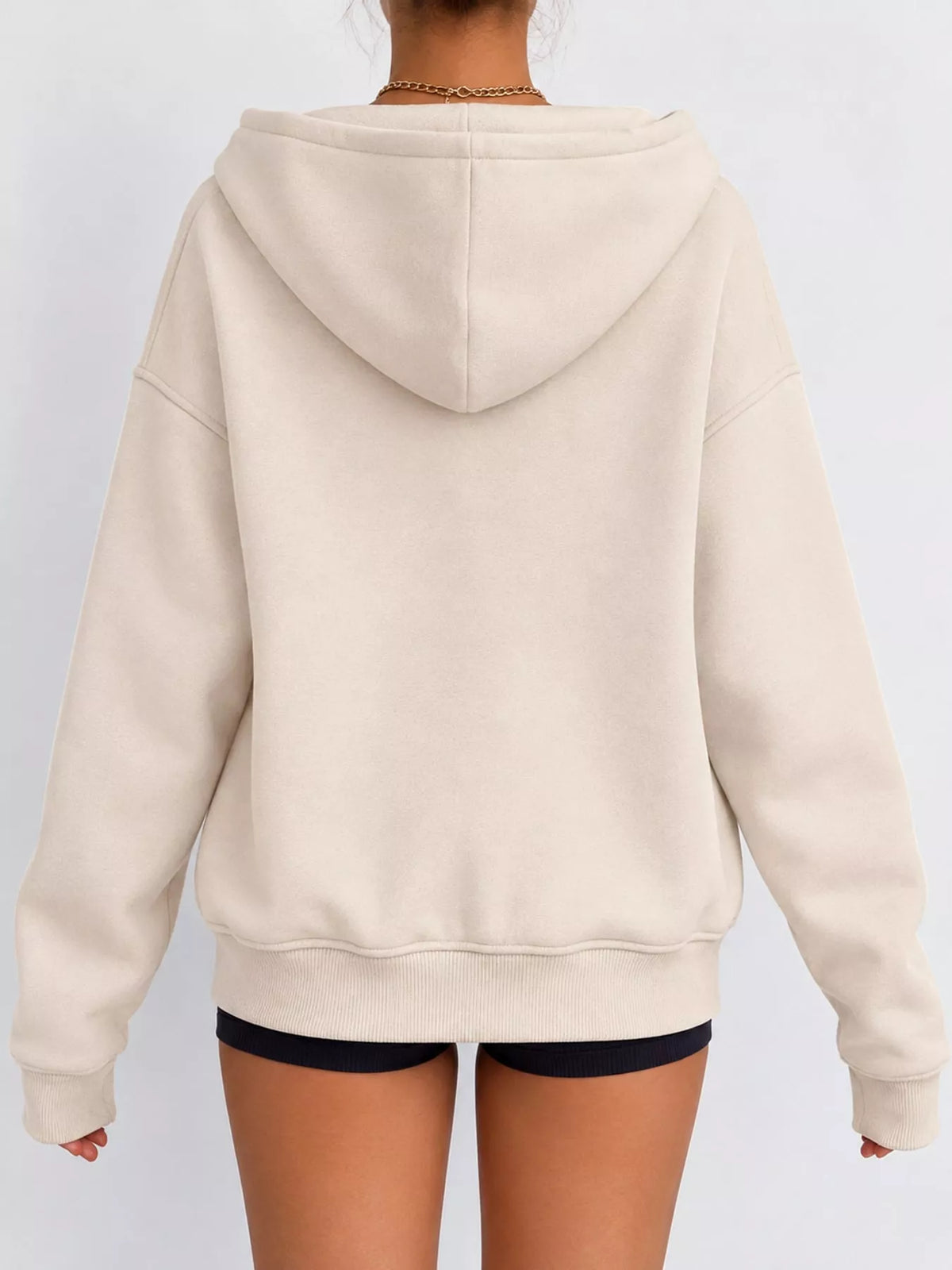 Women's Zip-Up Dropped Shoulder Hoodie in cream — back view