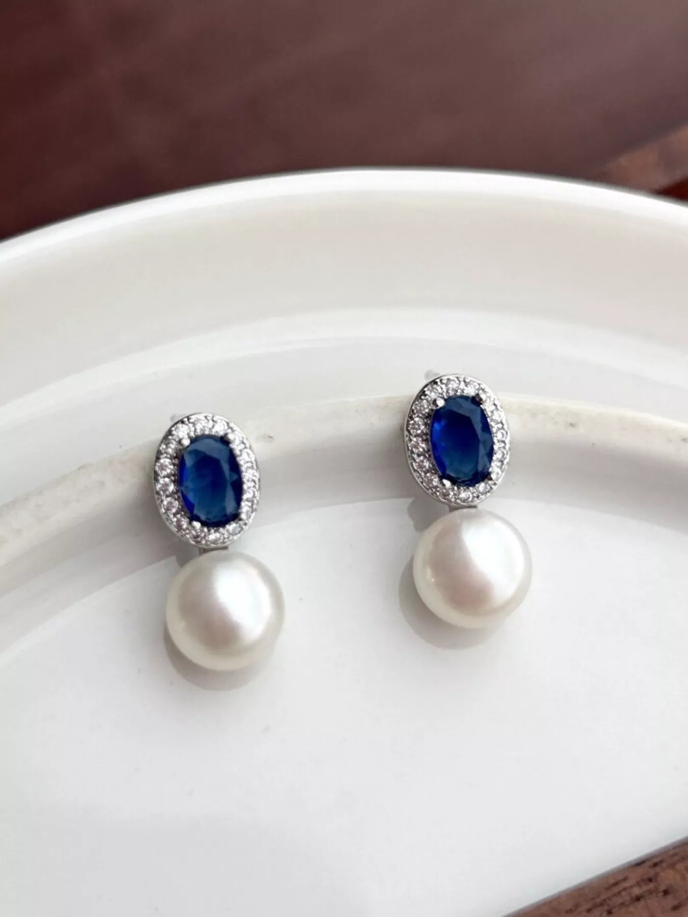 Women's Synthetic Pearl Drop Earrings Blue Crystal Halo Zircon Silver