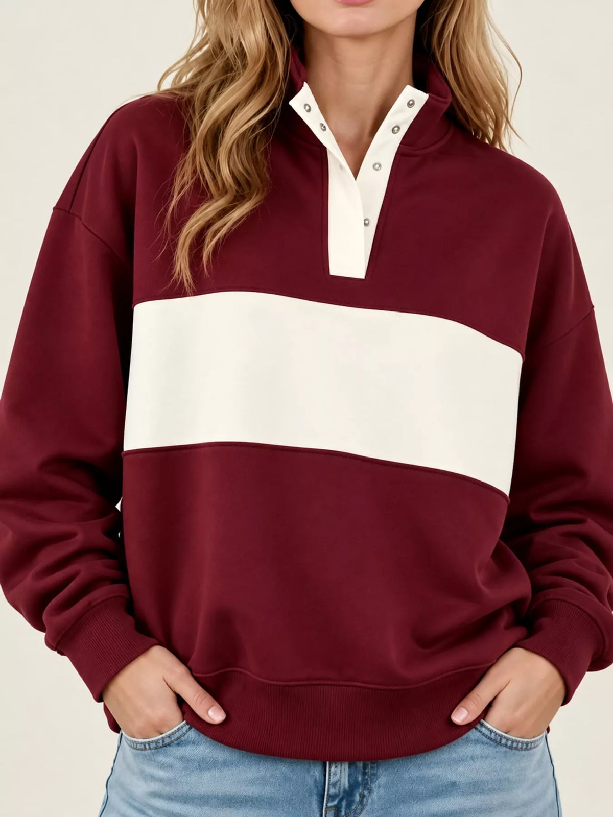 Burgundy and cream color block snap-button sweatshirt