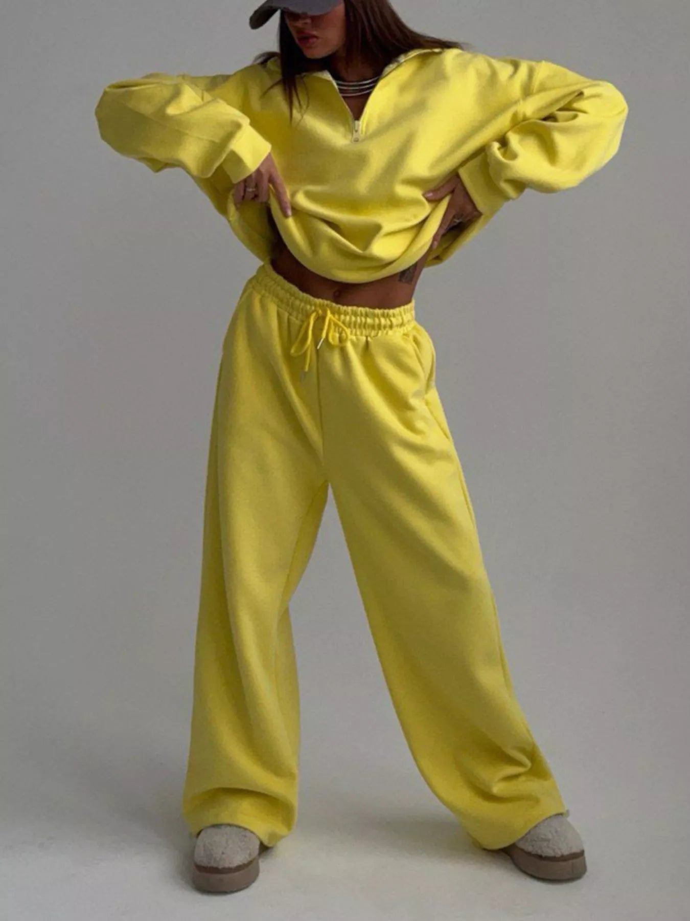 Trendsi Quarter-Zip Top and Wide-Leg Sweatpants Set -