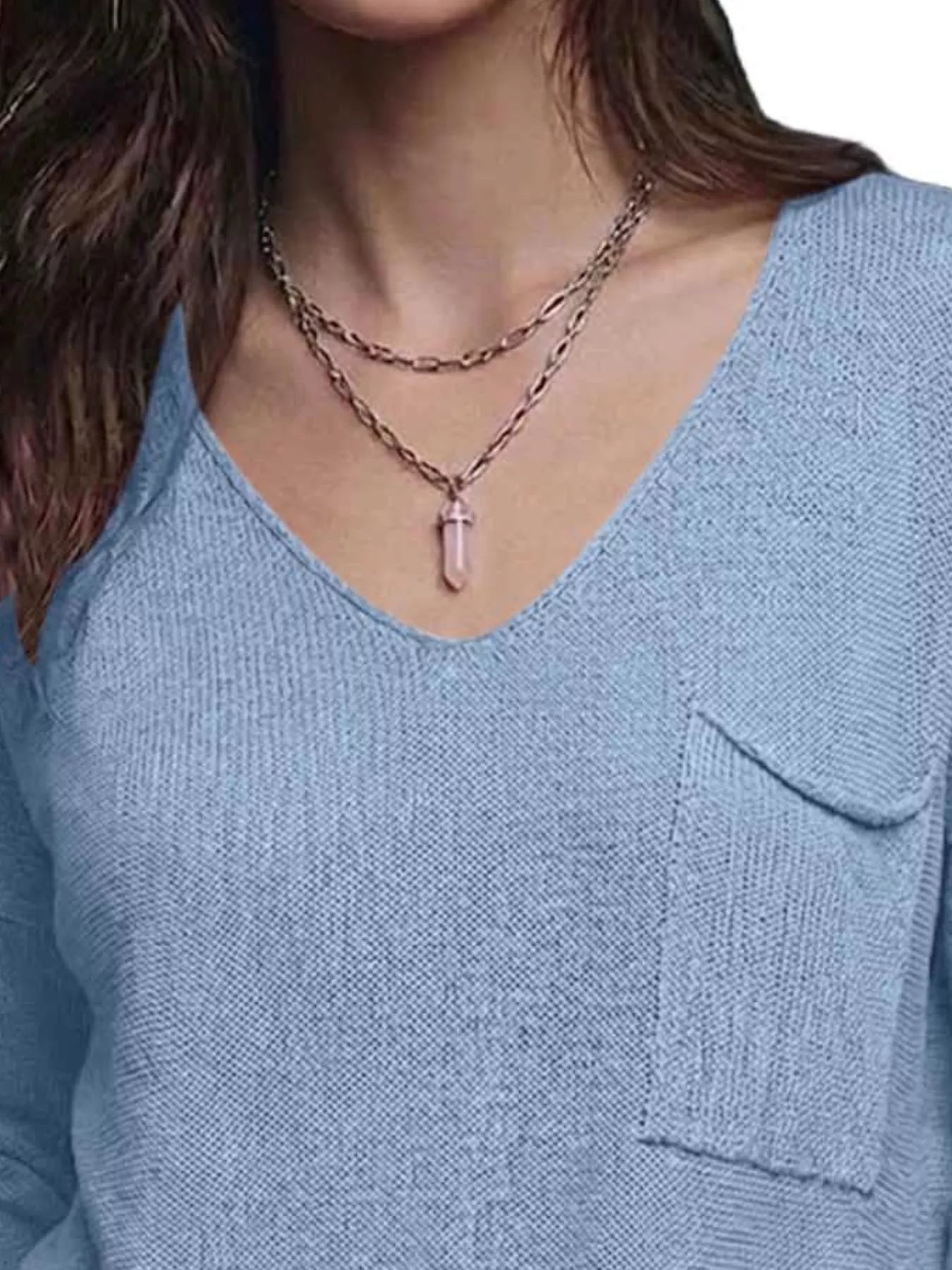Trendsi V-Neck Chest Pocket Knit Top -
