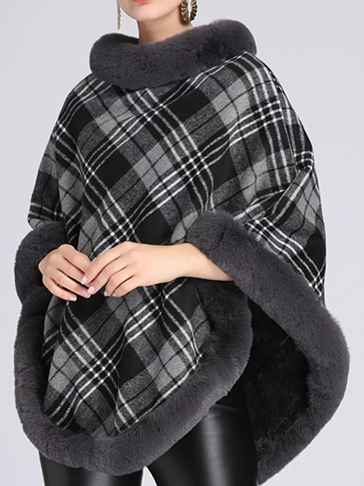 Dark Gray-Plaid plaid faux fur trimmed poncho cape