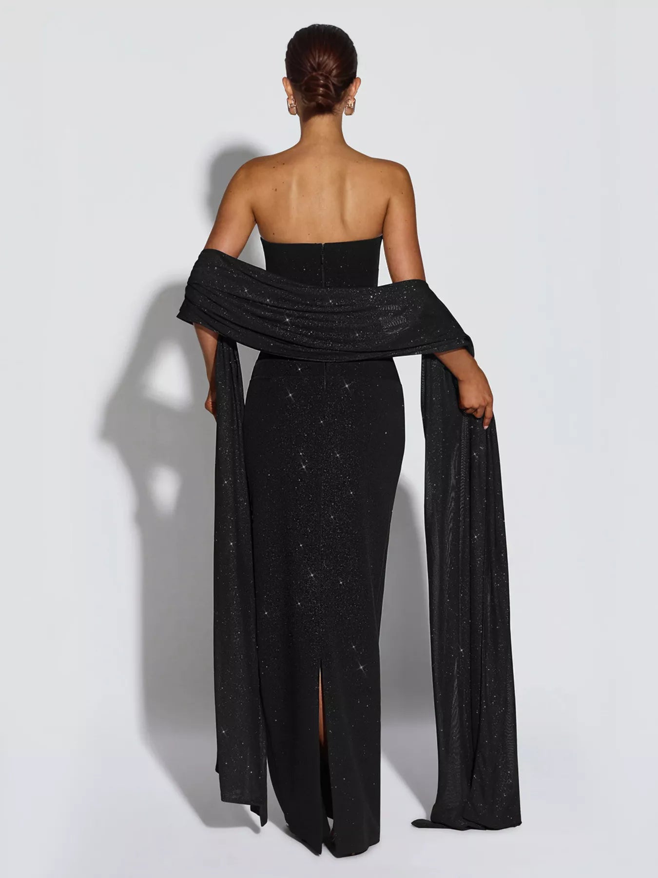 Trendsi Slit Glitter Tube Maxi Dress with Scarf -
