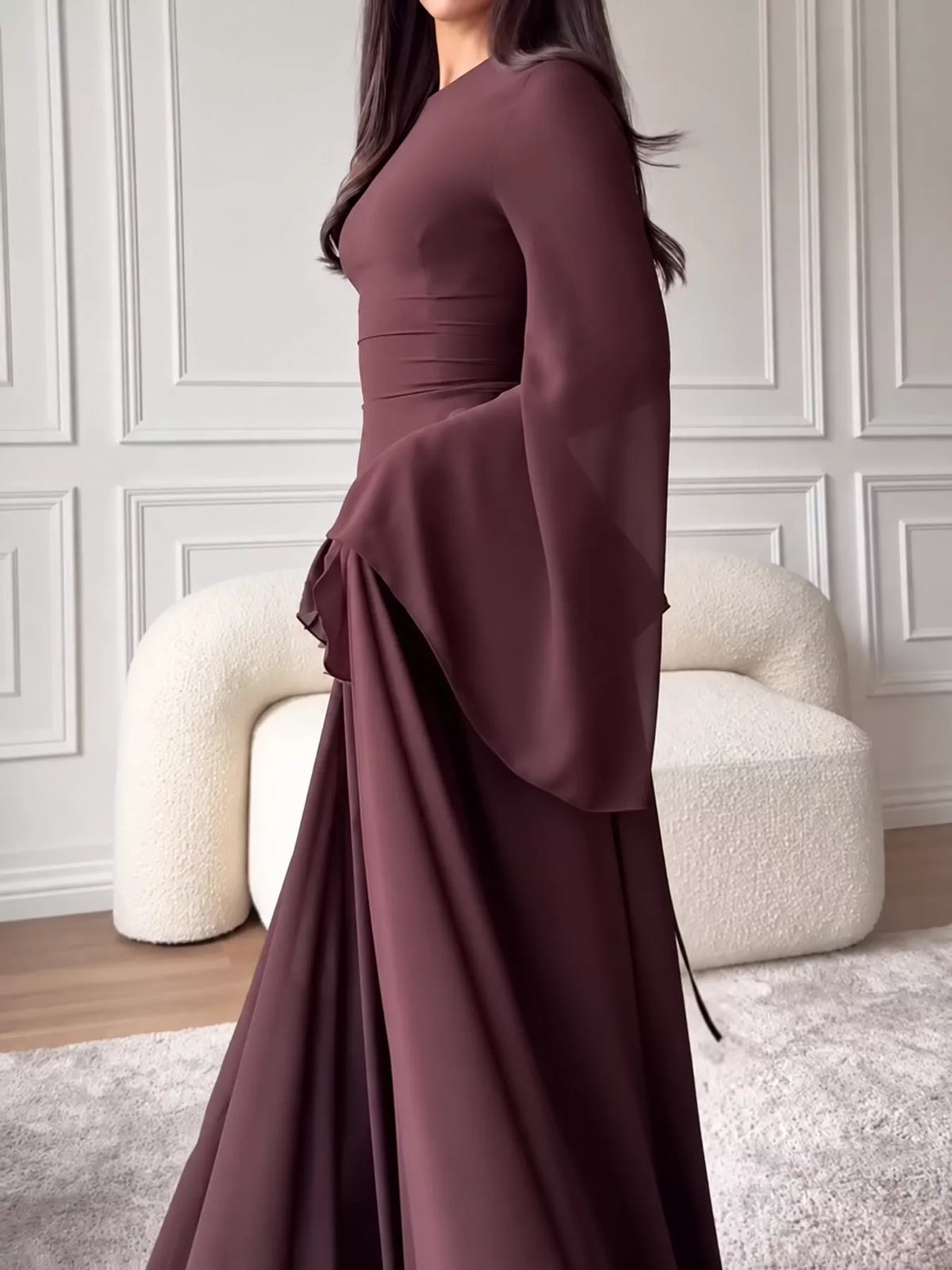 Burgundy ruffled flare sleeve maxi dress, side view
