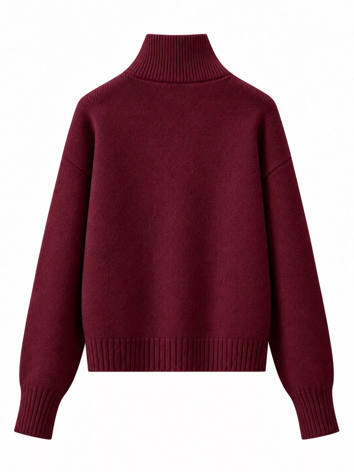 Burgundy turtleneck zip-up cardigan, back view