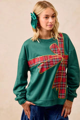 Trendsi BiBi Plaid Ribbon Bow Detail Christmas Fleece Pullover -