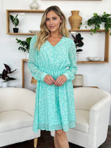 Trendsi Double Take Full Size Printed Ruched V-Neck Long Sleeve Dress -