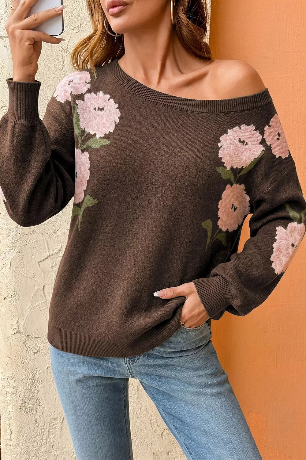 Trendsi Floral Print Drop Shoulder Relaxed Sweater -