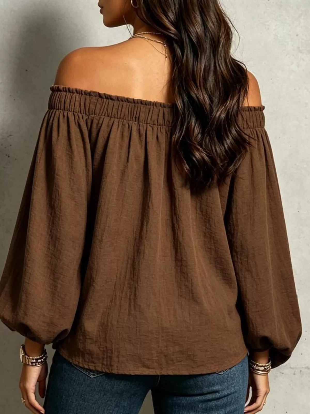 Brown off-shoulder long sleeve blouse, back view