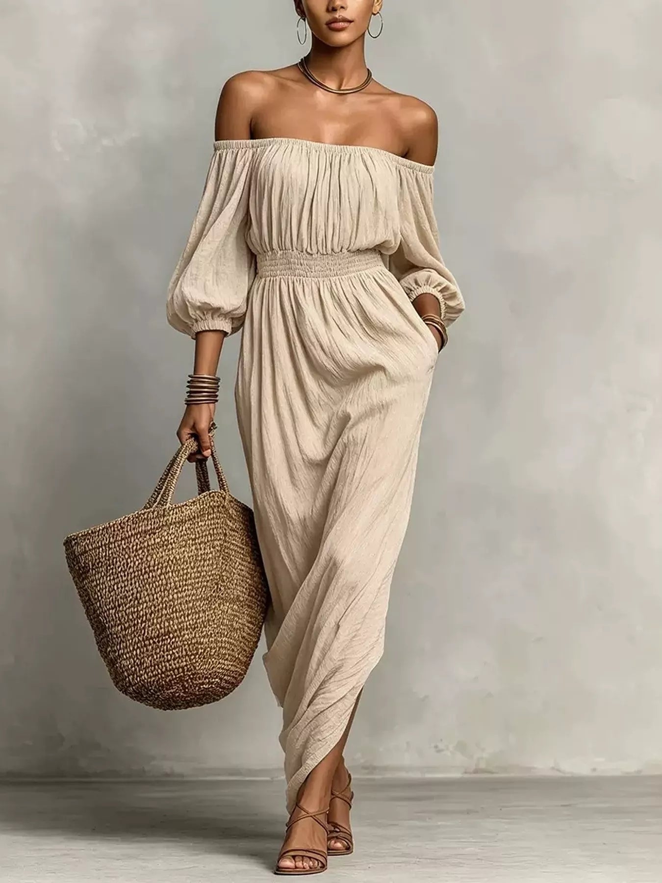 Trendsi t Off-Shoulder Smocked Waist Maxi Dress -