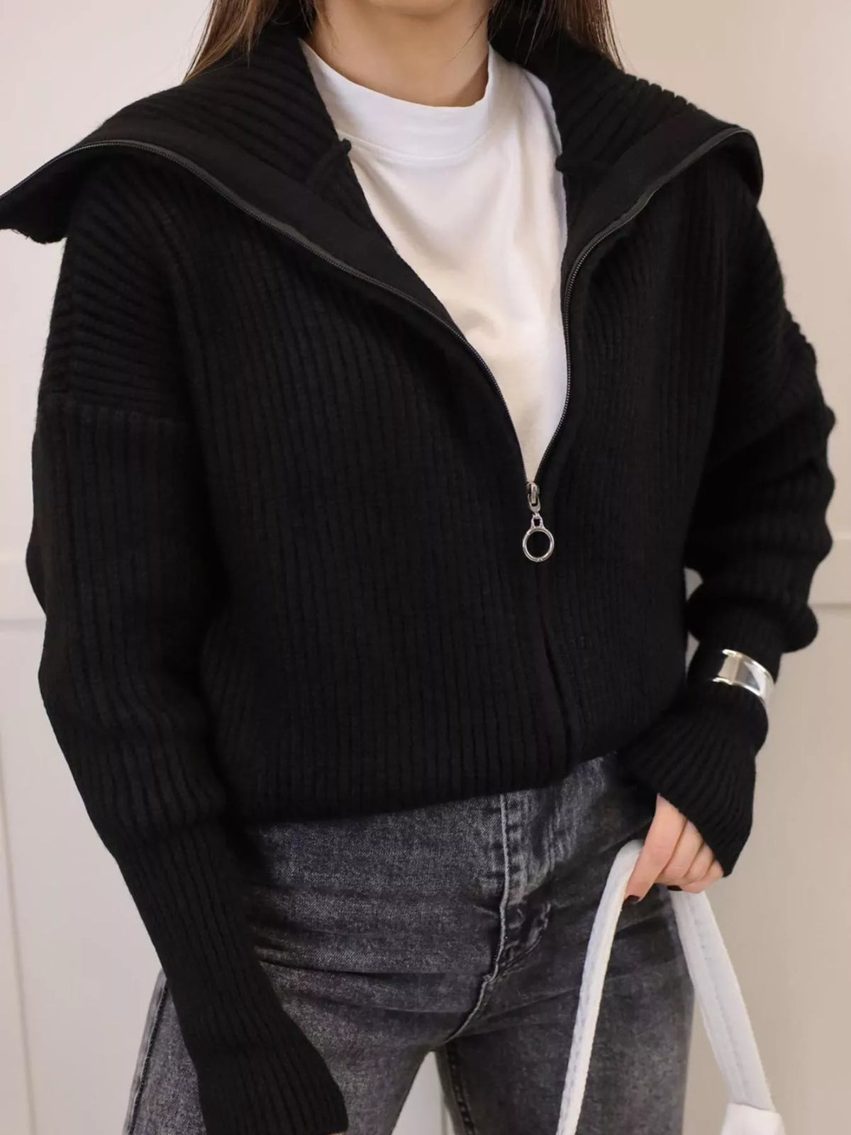 Trendsi Zip Up Dropped Shoulder Cardigan -