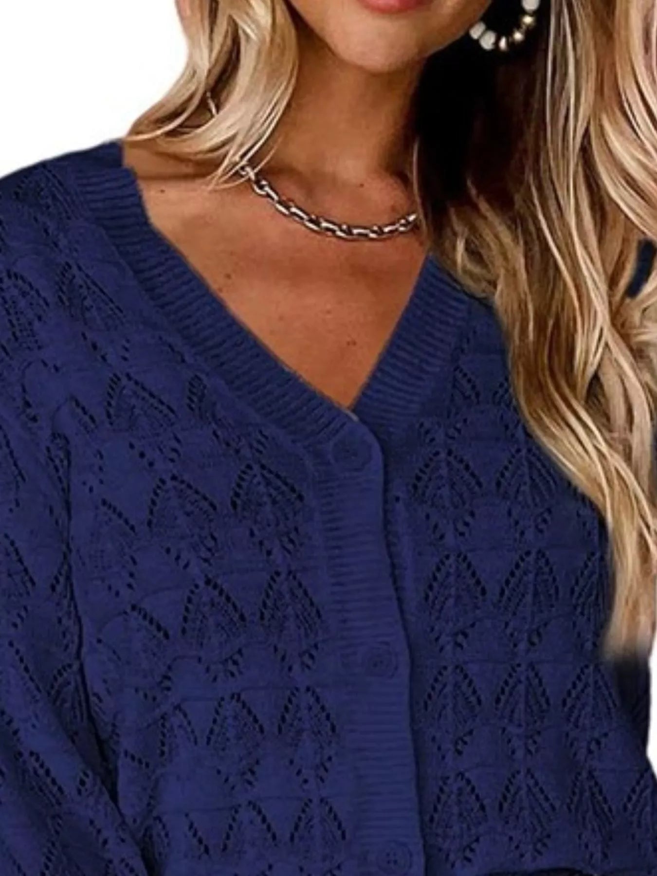 Trendsi Chic V-Neck Openwork Button-Down Knit Cardigan -