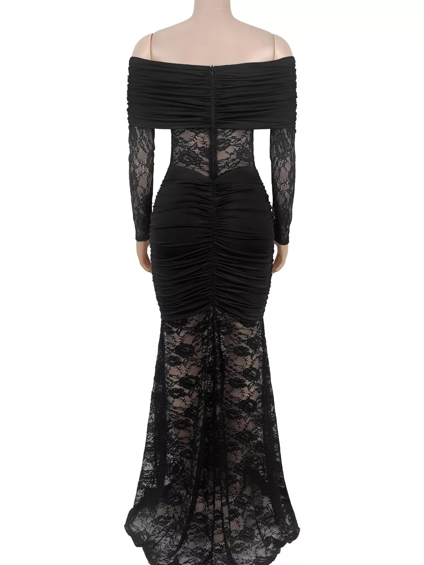 Trendsi Off-Shoulder Ruched Lace Mermaid Maxi Dress -