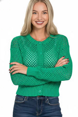 Trendsi Zenana Button Down Lightweight Crochet Cardigan Sweater -