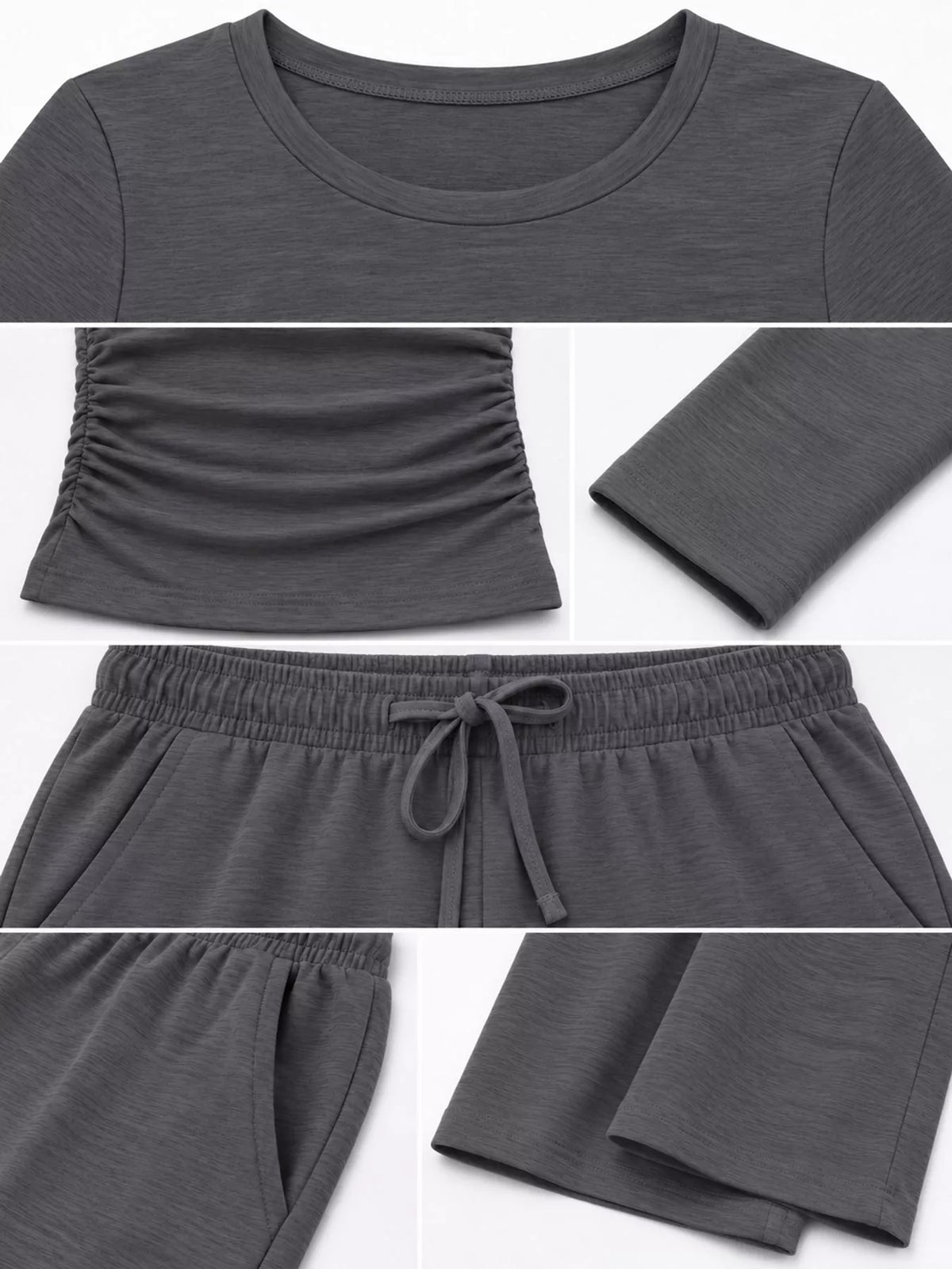Long Sleeve Ruched Top and Wide-Leg Drawstring Pants Set — construction details