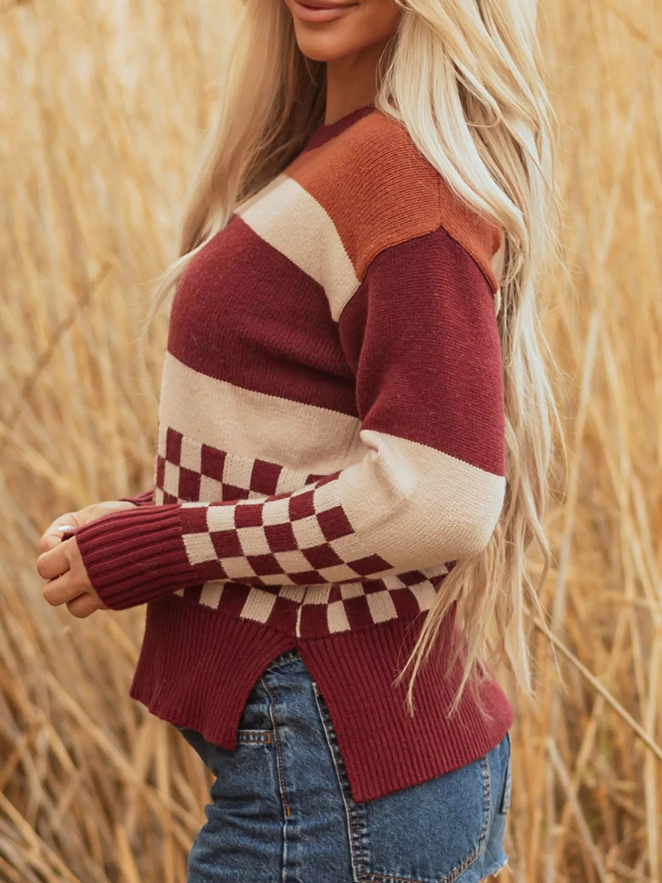 Trendsi Checkered Color Block Knitted Drop Shoulder Sweater -