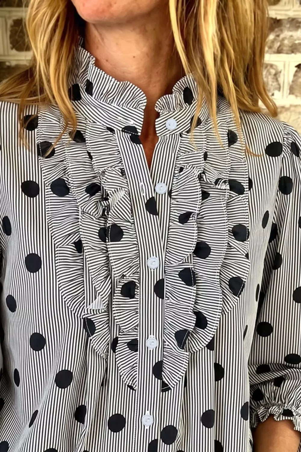 Trendsi Polka Dot Ruffled Stand-Collar Shirt -