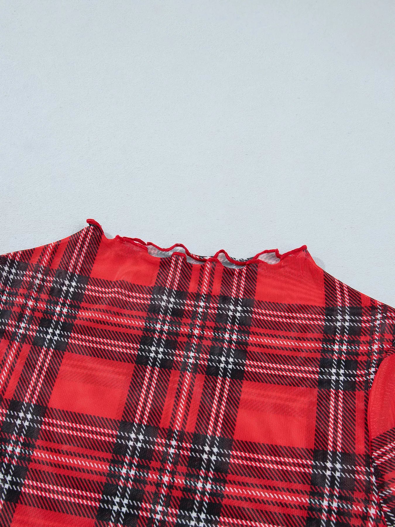 Trendsi Sheer Plaid Mock Neck Long Sleeve Blouse -