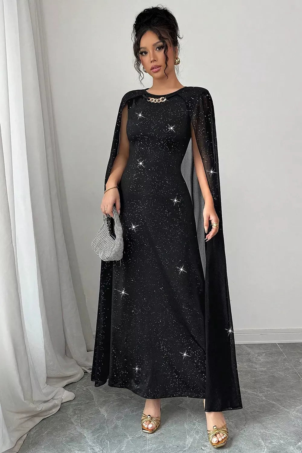 Trendsi Glitter Cape-Sleeve Maxi Dress -