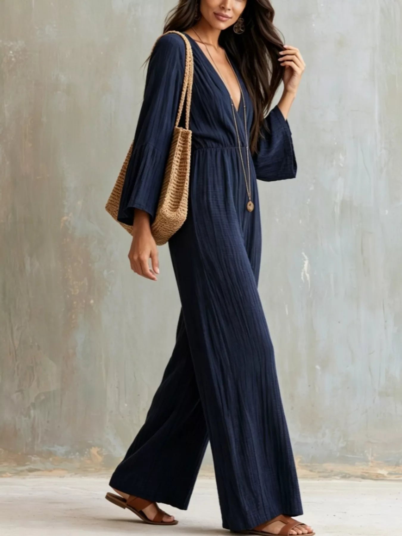 Trendsi Textured Flare Sleeve Jumpsuit -