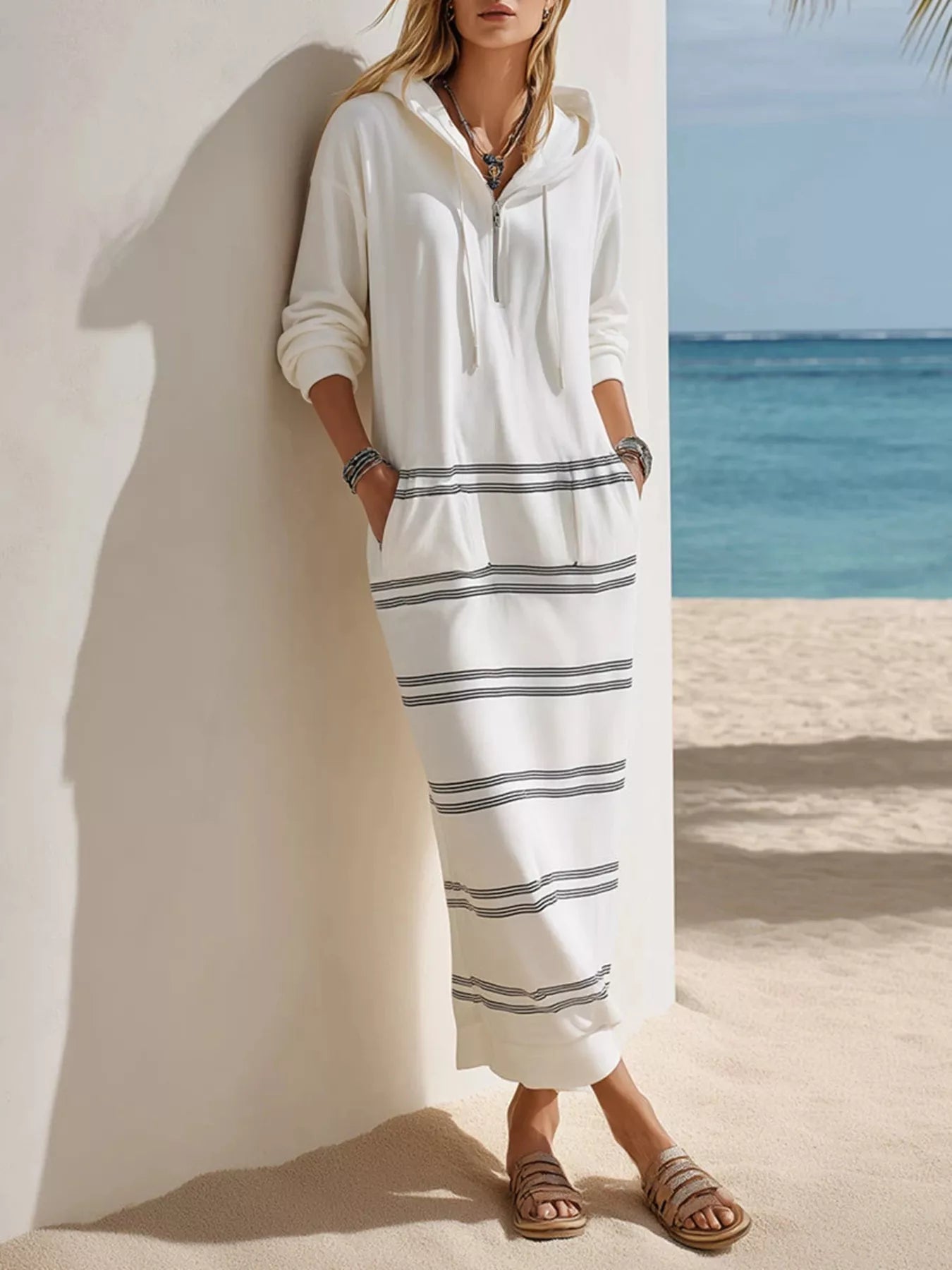 Trendsi Casual Striped Drawstring Hooded Dress -