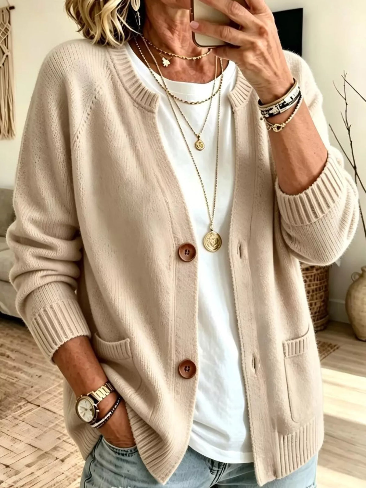 Women's Button-Down Knit Cardigan in beige — front view