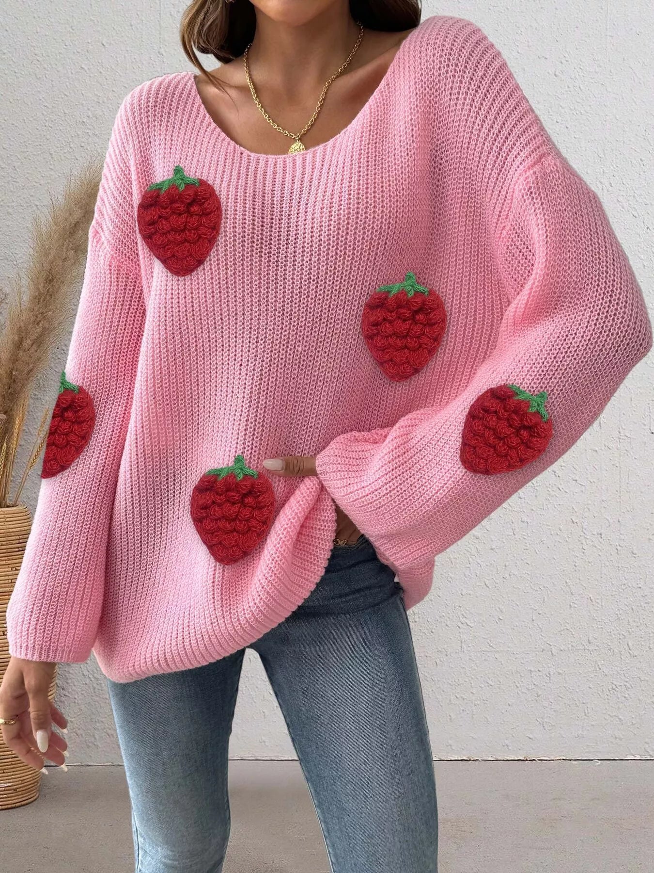 Trendsi Strawberry Applique Oversized Sweater -