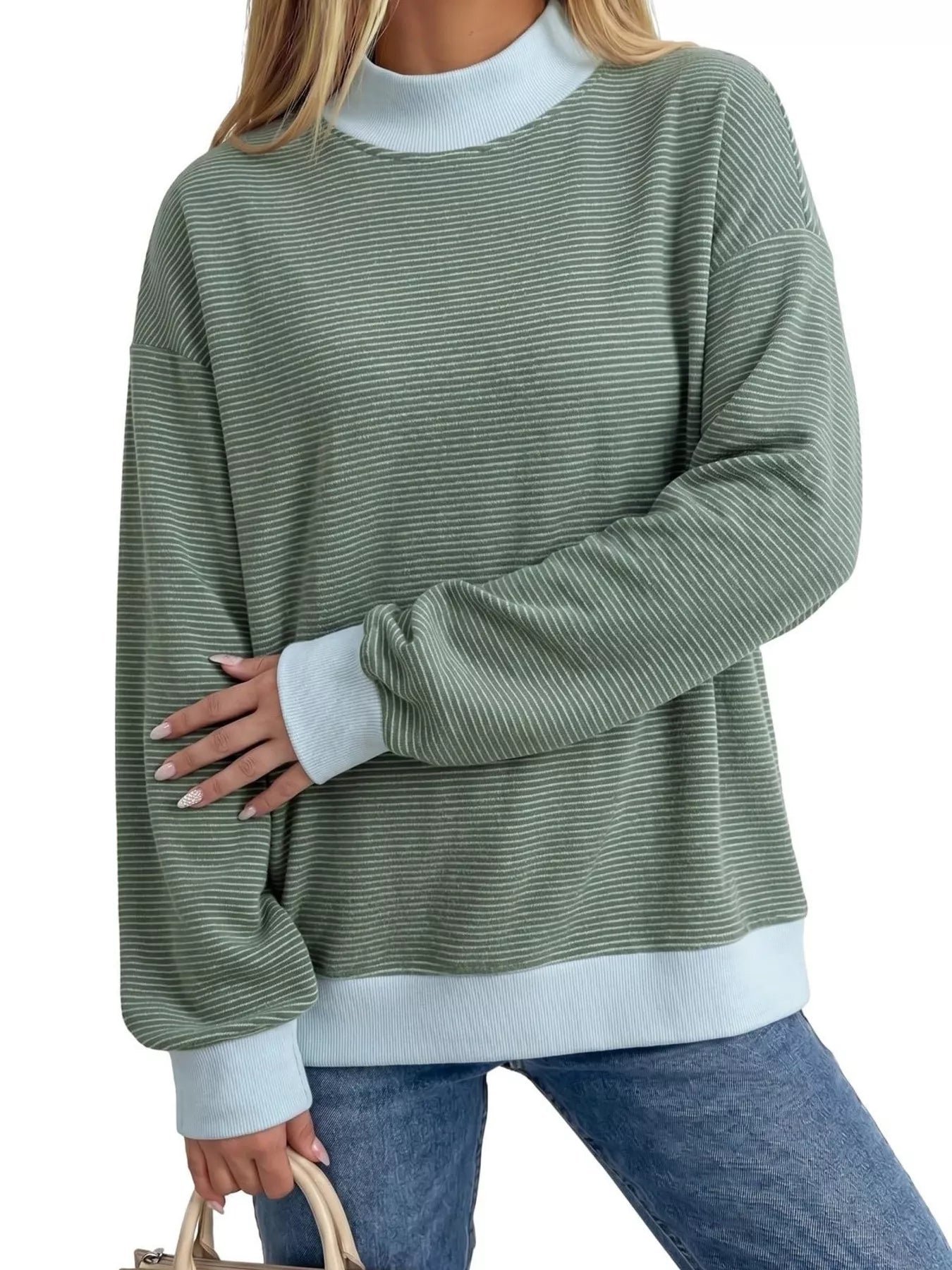 Trendsi Casual Mock Neck Striped Long Sleeve T-Shirt -