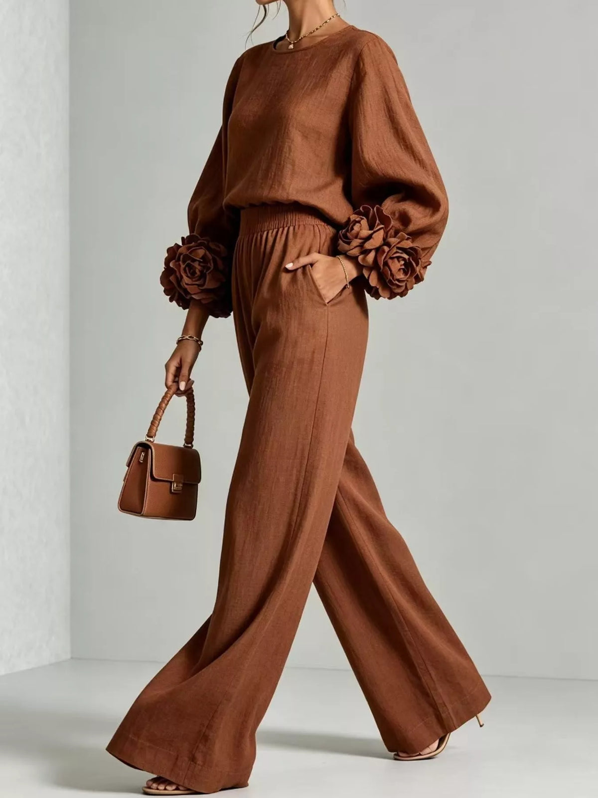 Floral Sleeve Embellishments Top and Pants Set — front view