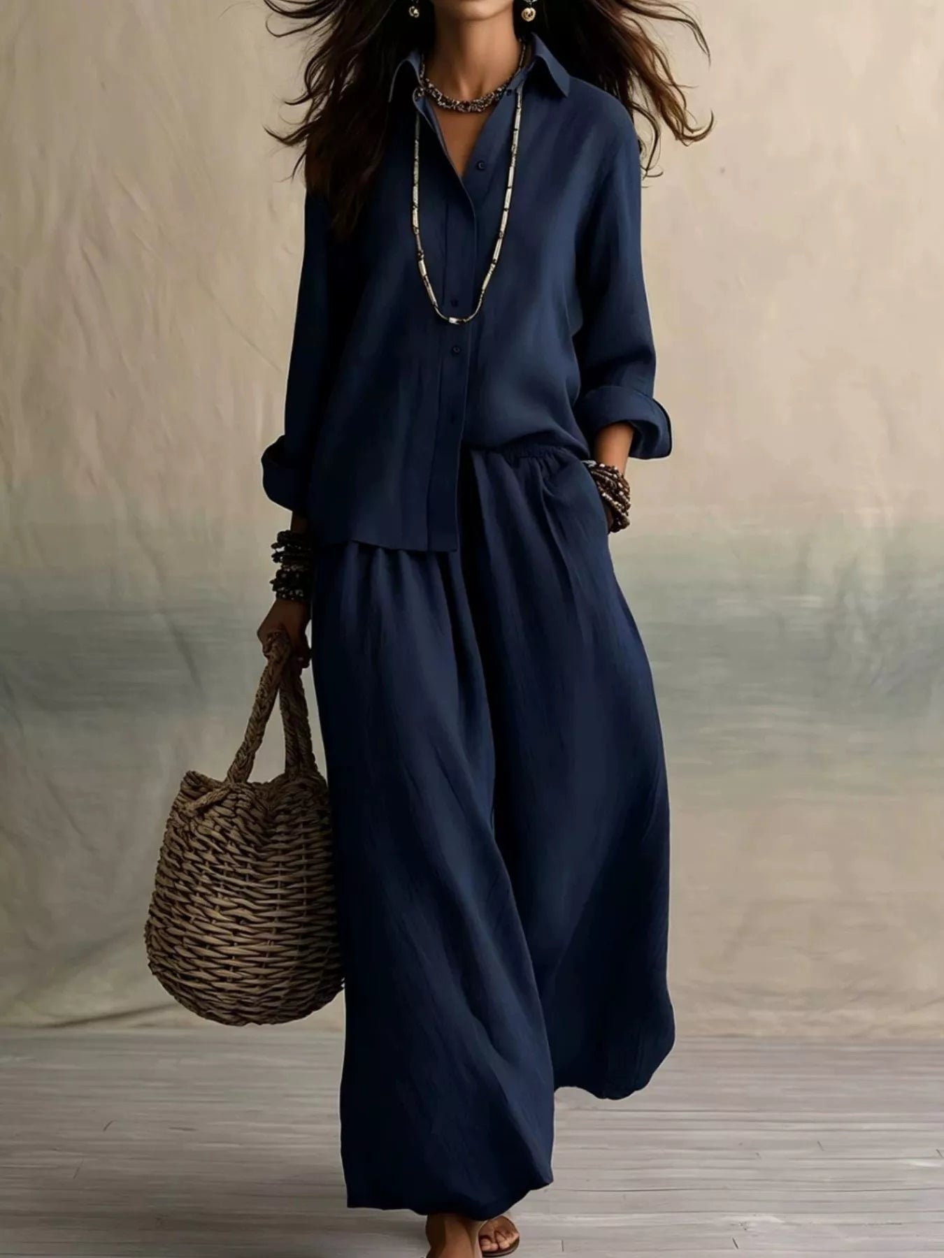 Trendsi Full Size Button Up Shirt and Wide-Leg Pants Set Plus Size -