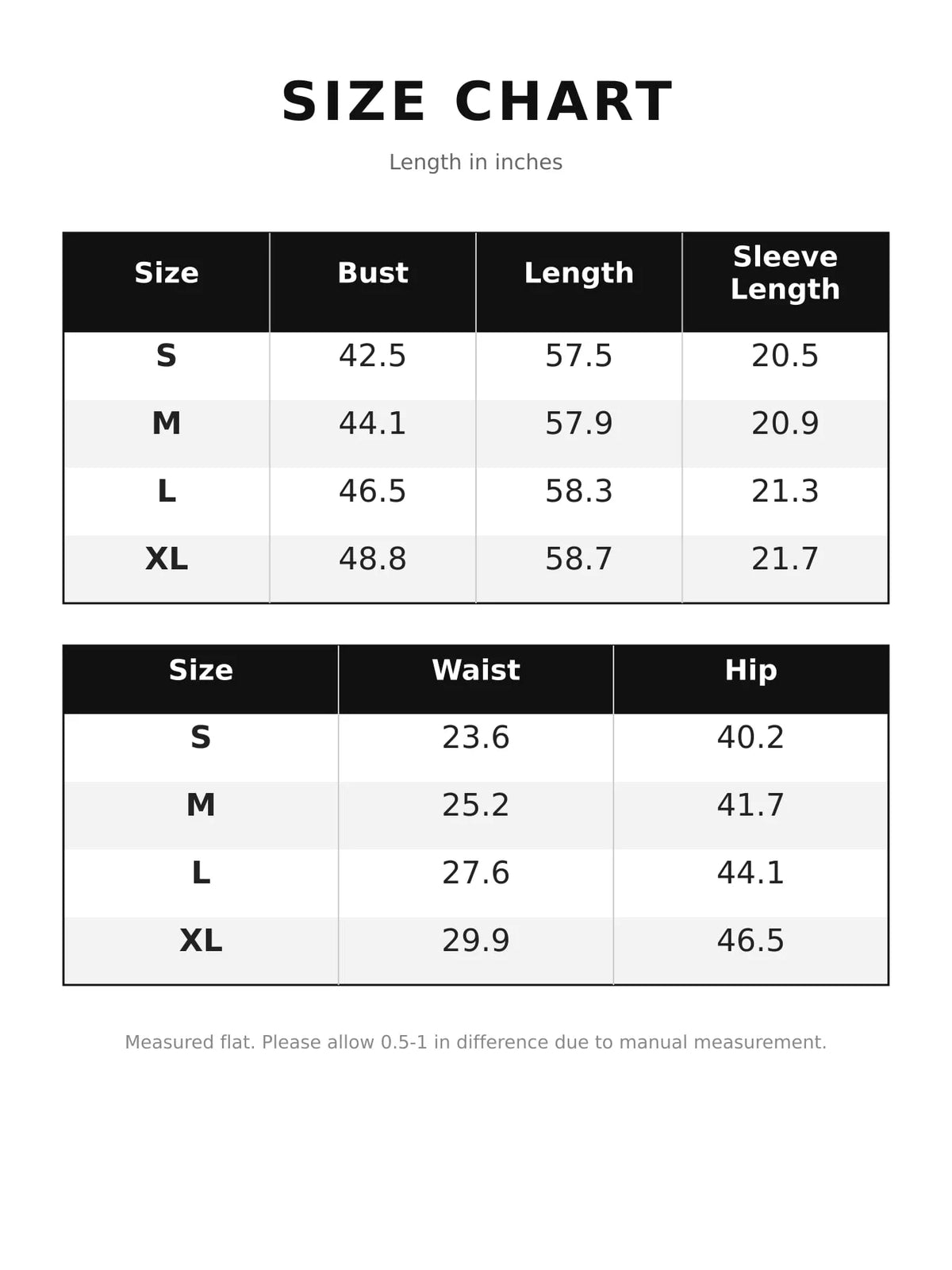 Zip Front Long Sleeve Jumpsuit — size and measurement chart