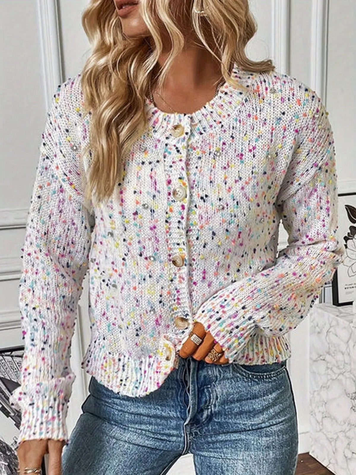 Textured Knit Button-Up Cardigan in white with multicolor flecks, front view