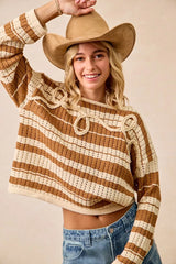 Trendsi BiBi Striped Open Knit Sweater Top with Front Braided Detail -