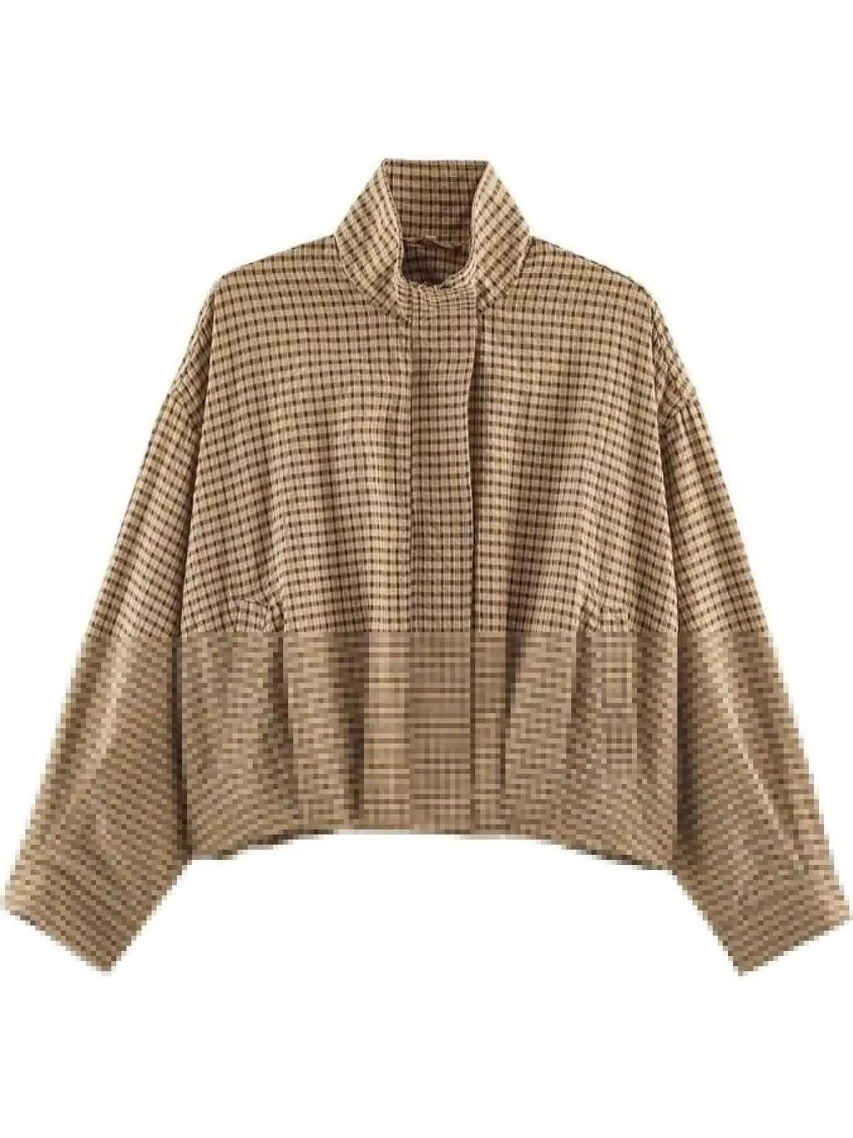 Dark Brown plaid stand-collar cropped jacket