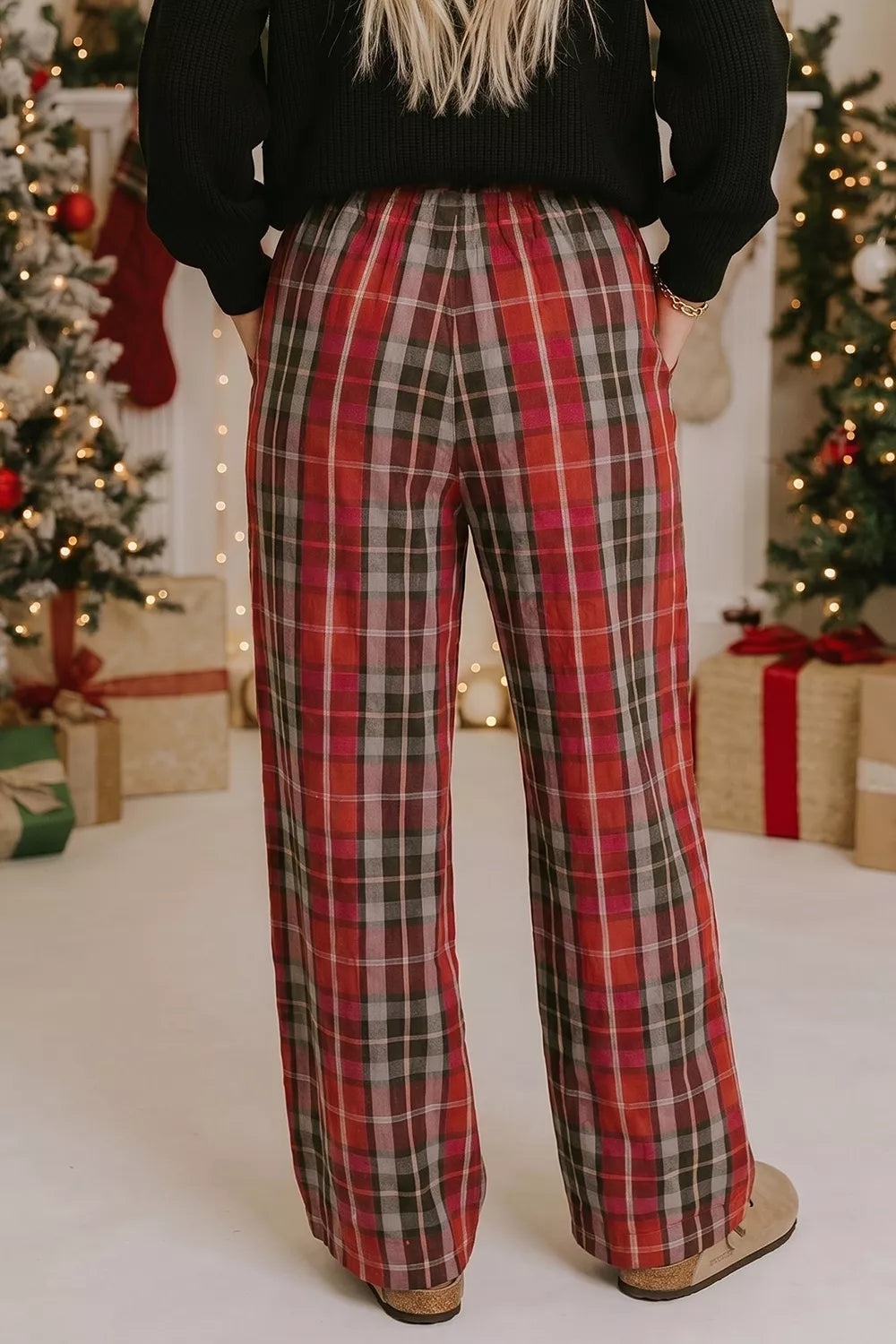 Plaid Elastic Waist Pocket Regular Full-Length Pants in red, front view