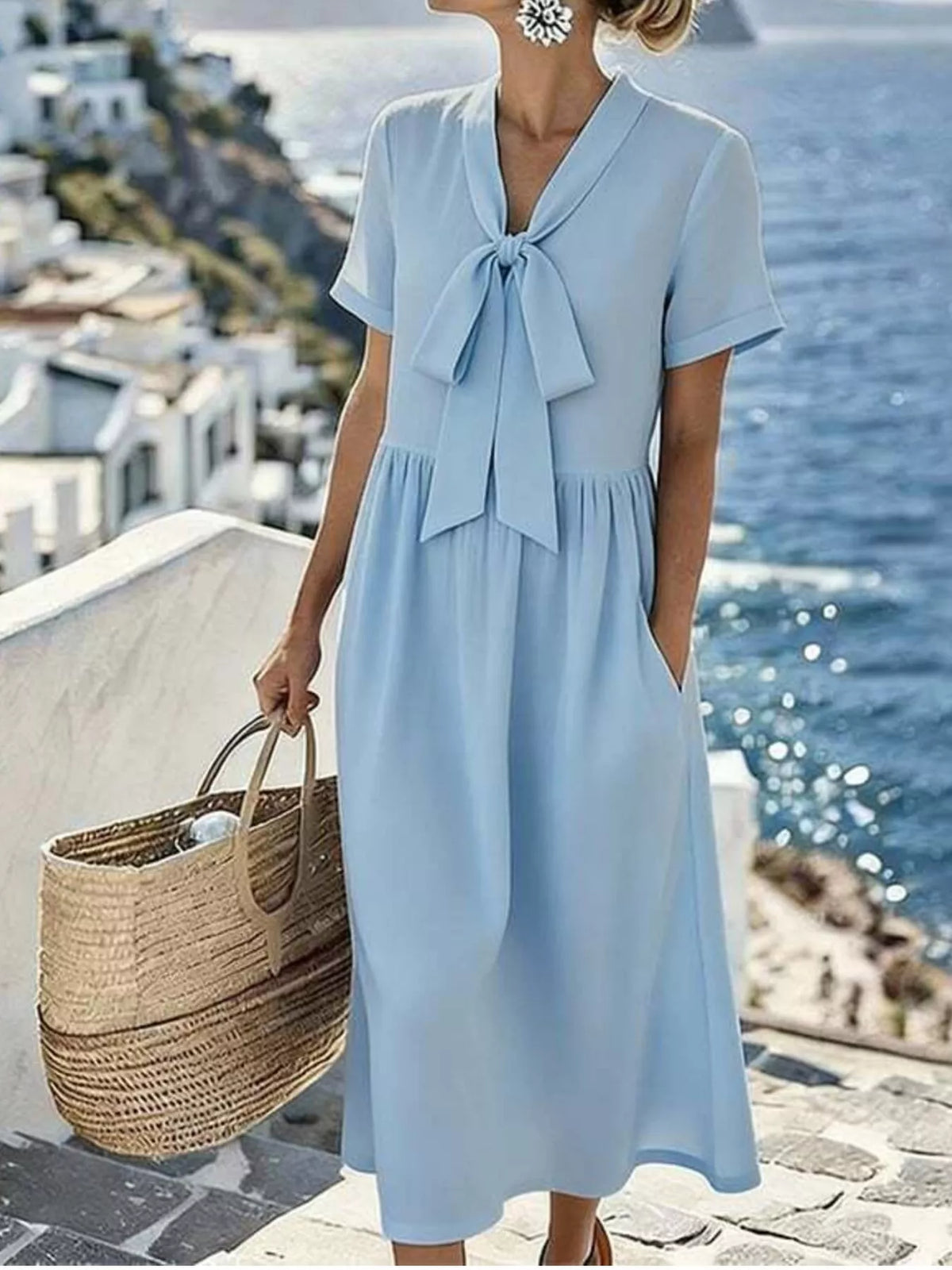 Women's Bow-Tie Short Sleeve Midi Dress in Light Blue, front view