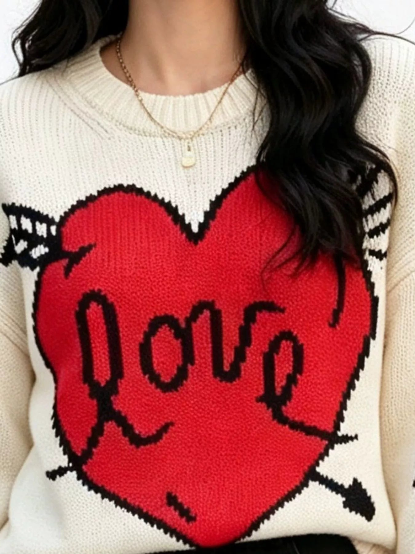 Trendsi Heart Round Neck Ribbed Sweater -