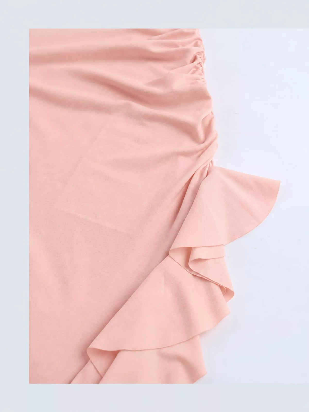 Pink one shoulder ruched ruffle hem maxi dress, detail view
