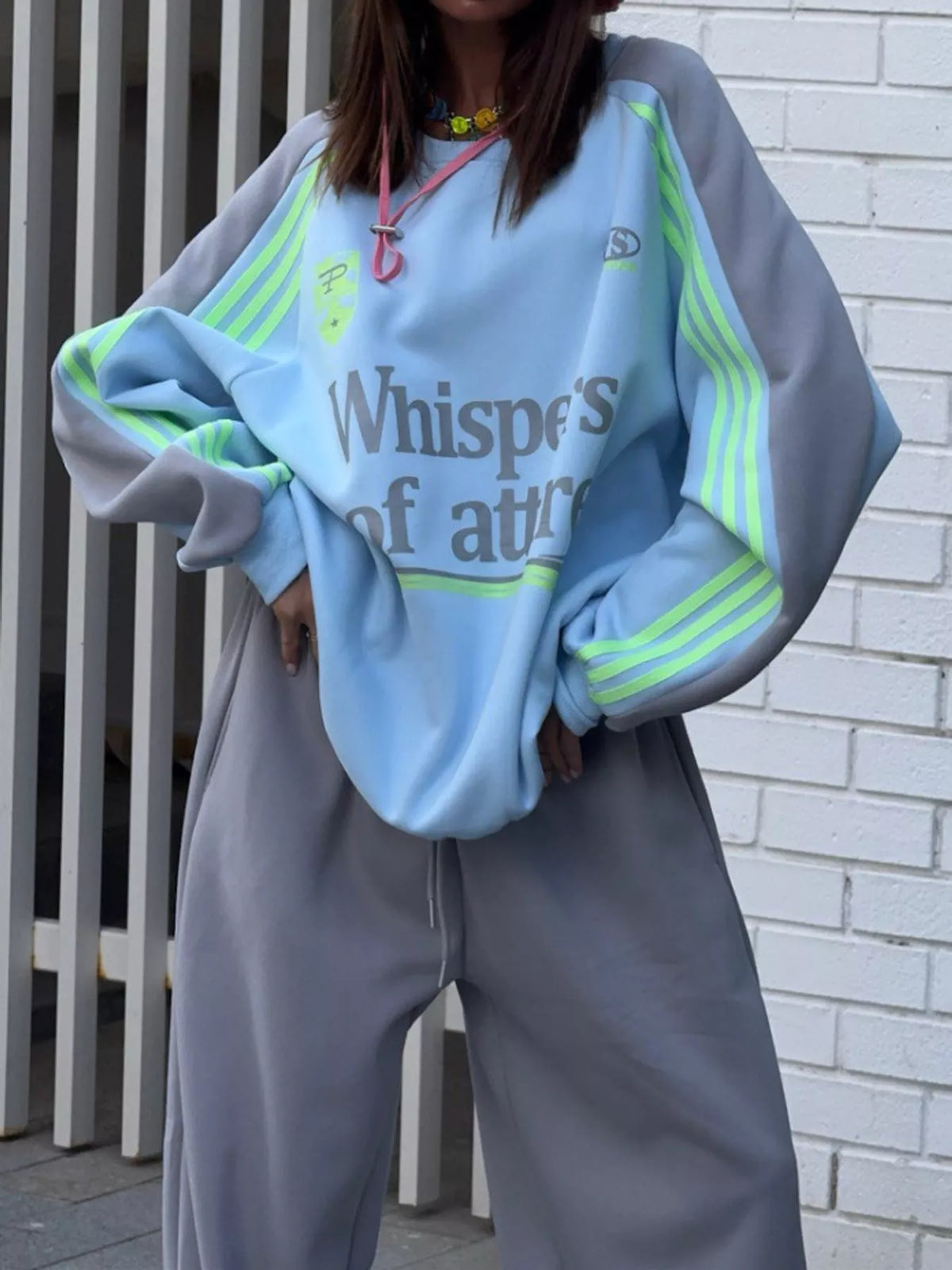 Blue top and gray pants color-block sweatshirt and wide-leg pants set — design and construction details
