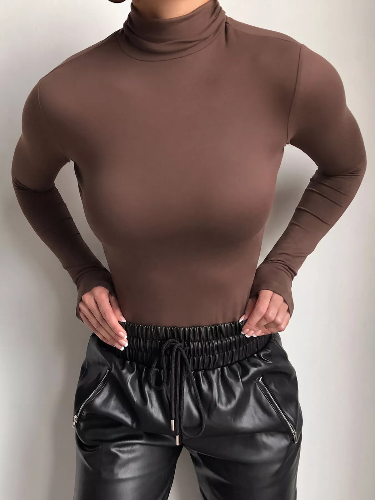 Mock Neck Long Sleeve Slim Fit T-Shirt in brown, front view