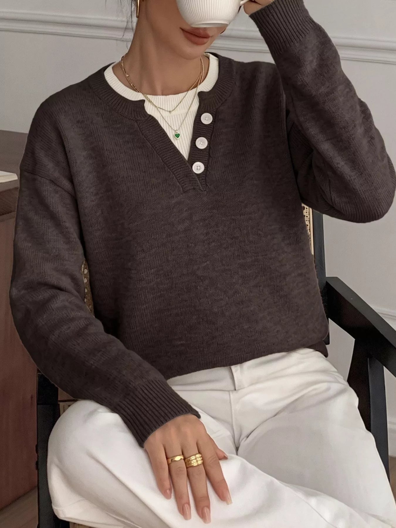 Trendsi Decor Button-Placket Ribbed Knit Sweater -