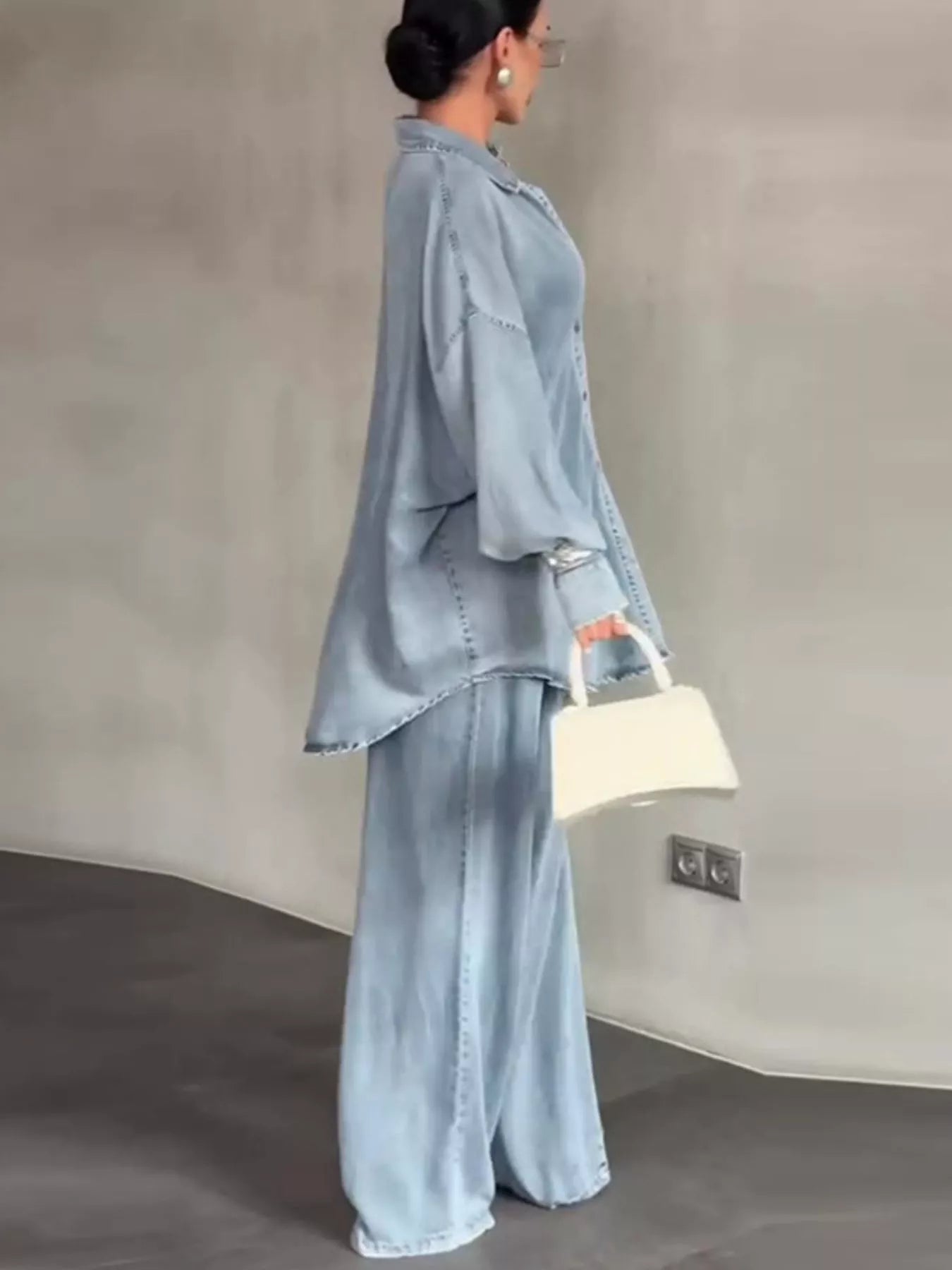 Trendsi Wash Button Up Shirt and Wide-Leg Pants Denim Set -
