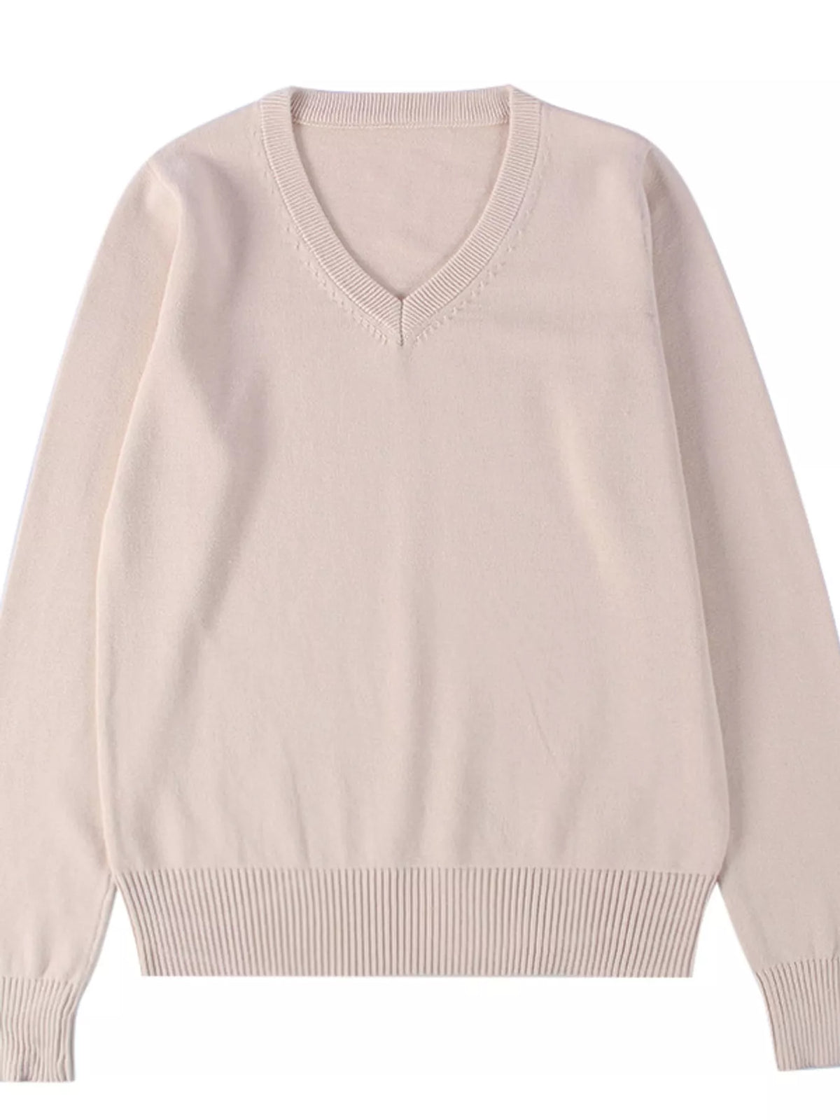Women's V-Neck Long Sleeve Sweater in cream — flat lay view