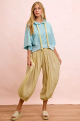 Trendsi BiBi Washed Terry Short Sleeve Drawstring Hoodie Top -