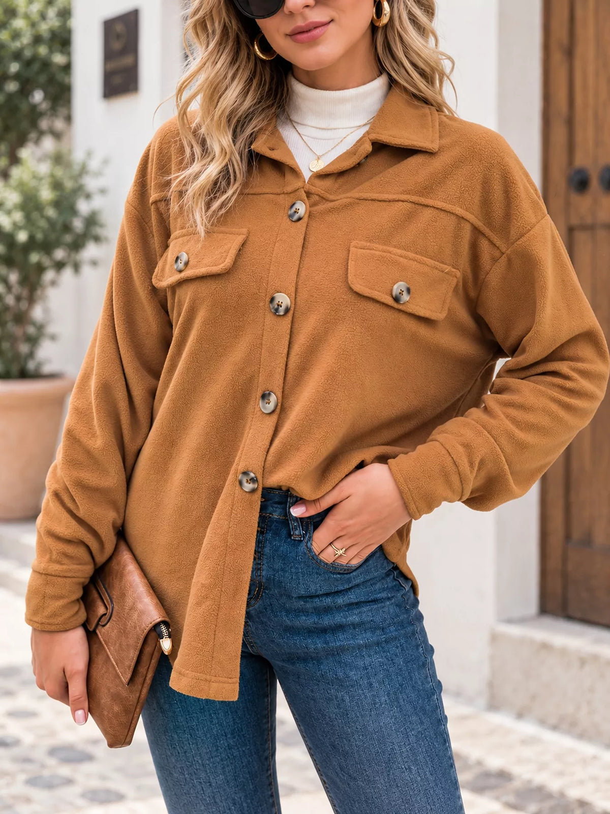 Women's Button-Down Long Sleeve Shacket in camel — front view