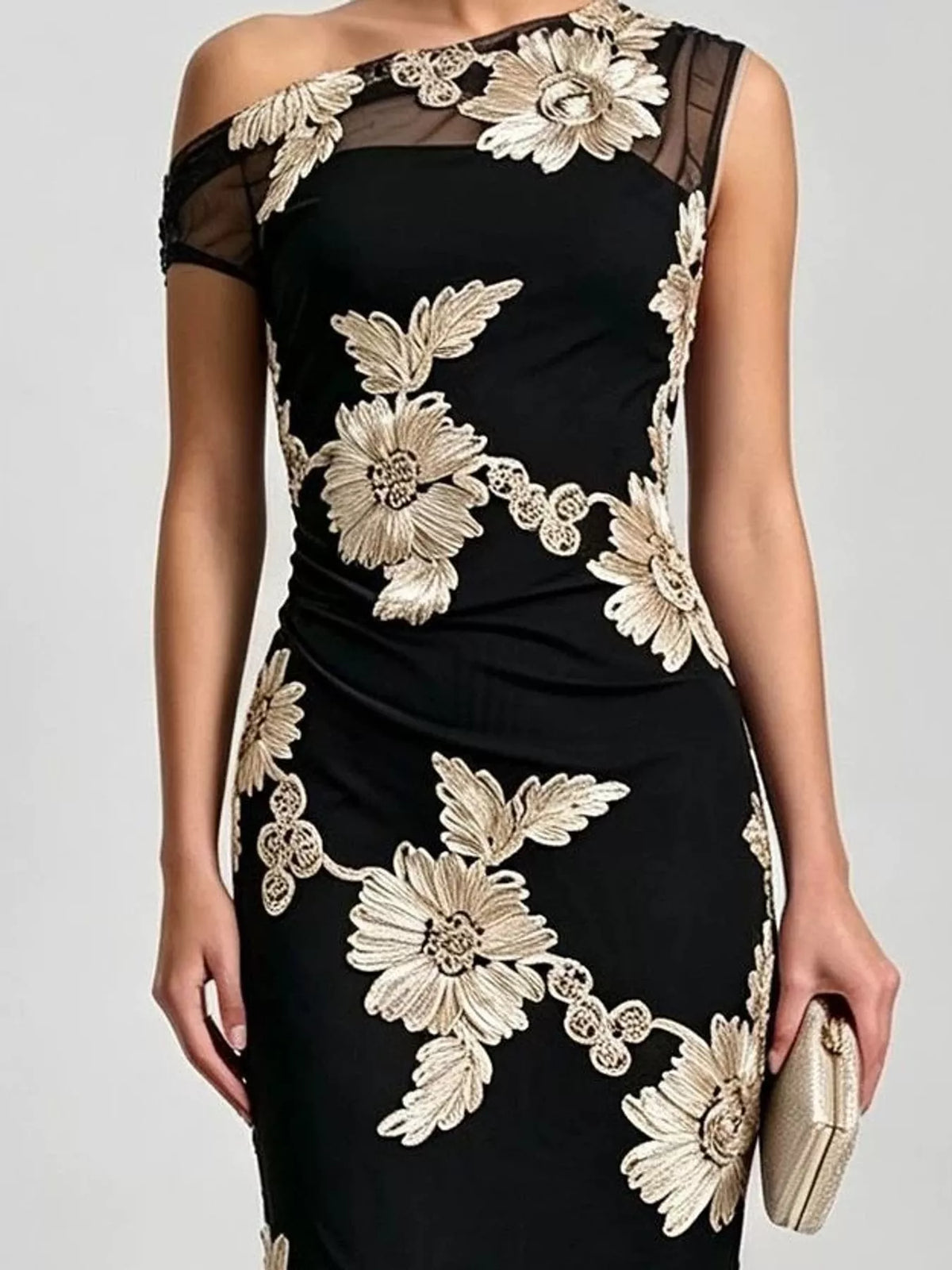Black floral one-shoulder maxi dress, bodice detail