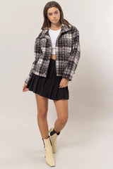 Trendsi HYFVE Plaid Collared Neck Boucle Jacket with Pockets -