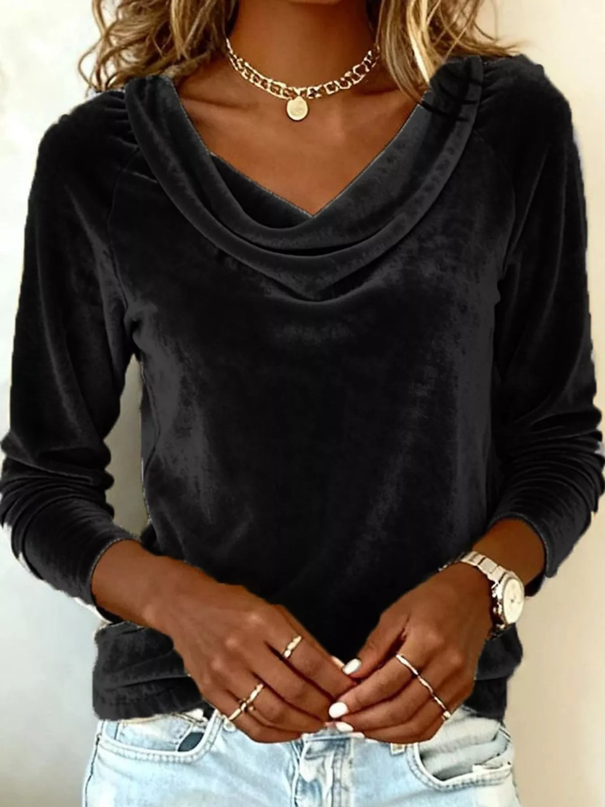 Black velvet cowl neck long sleeve t shirt, front view
