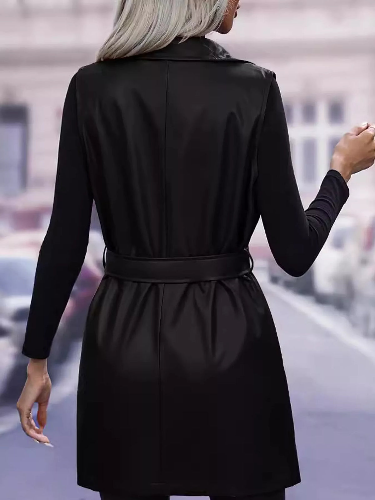 Tie Waist Longline Vest in black, back view